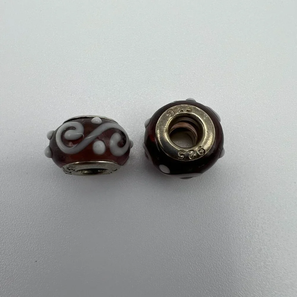 Sterling Silver 925 Brown & White Glass Charm Beads With Swirl Motif For Bracele - Picture 2 of 3